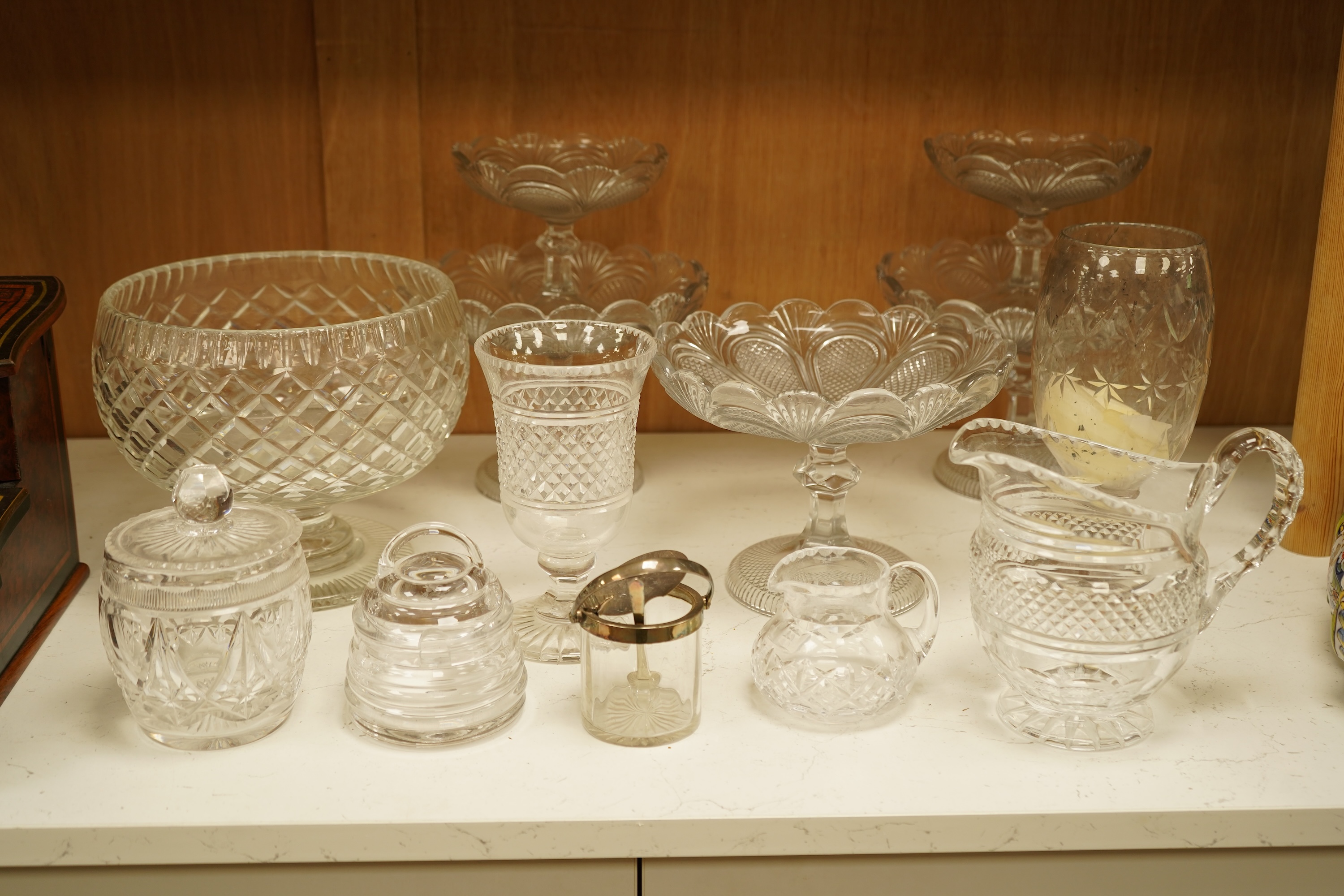 Collection of glassware to include William Yeoward beehive honey skep, five pressed glass comports and other glassware, largest 23cm in diameter